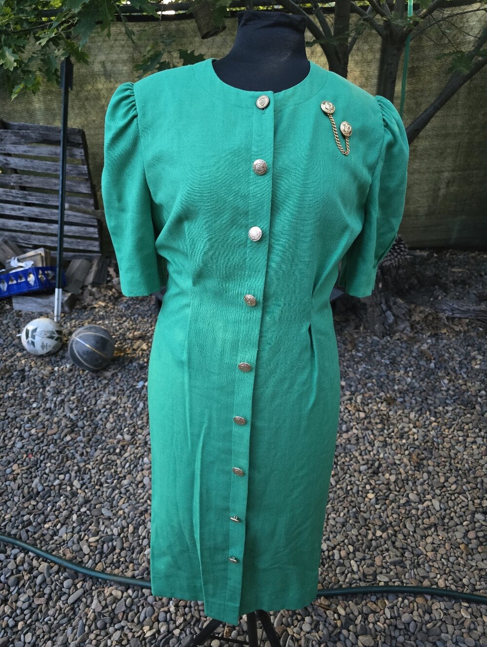 Vtg 80's Emerald Green Button-Front Midi Dress Power Dressing Retro Secretary